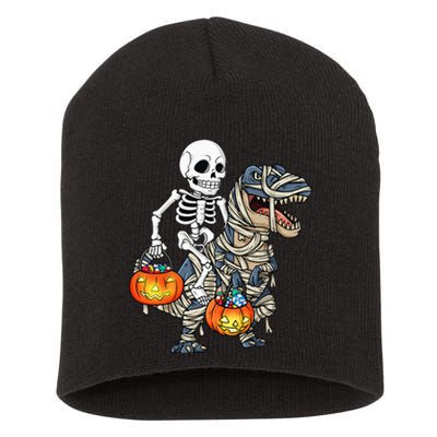 Halloween Skeleton Riding Mummy Dinosaur T Rex Funny Pumpkin Short Acrylic Beanie