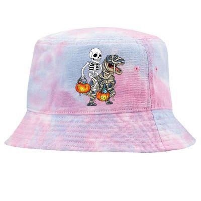 Halloween Skeleton Riding Mummy Dinosaur T Rex Funny Pumpkin Tie-Dyed Bucket Hat