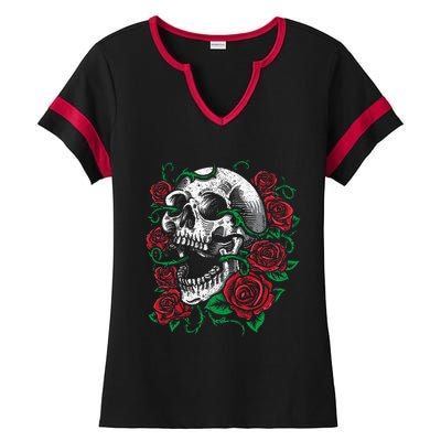 Halloween Skull Rose Skeleton Gift Idea Ladies Halftime Notch Neck Tee