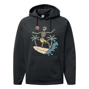 Hawaii Surfer Skeleton Halloween Beach Scary Spooky Surfers Performance Fleece Hoodie