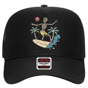 Hawaii Surfer Skeleton Halloween Beach Scary Spooky Surfers High Crown Mesh Back Trucker Hat