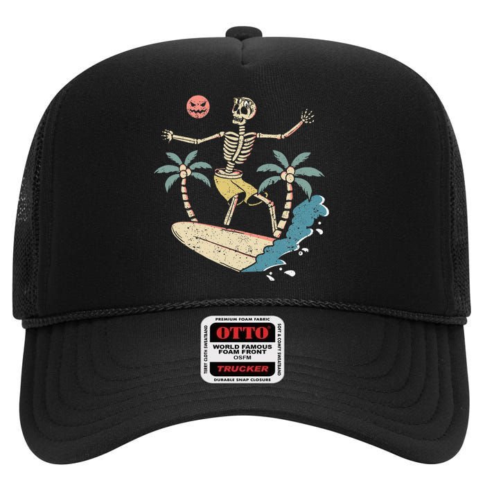 Hawaii Surfer Skeleton Halloween Beach Scary Spooky Surfers High Crown Mesh Back Trucker Hat