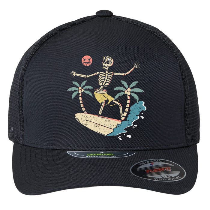 Hawaii Surfer Skeleton Halloween Beach Scary Spooky Surfers Flexfit Unipanel Trucker Cap