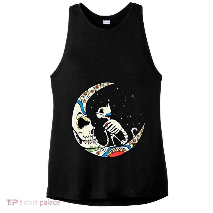 Halloween Sugar Skull Skeleton Half Moon Cat Mom Dad October Gift Ladies PosiCharge Tri-Blend Wicking Tank