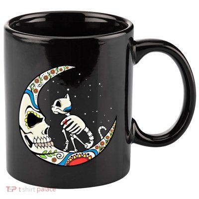 Halloween Sugar Skull Skeleton Half Moon Cat Mom Dad October Gift 11oz C Handle Ceramic Mug
