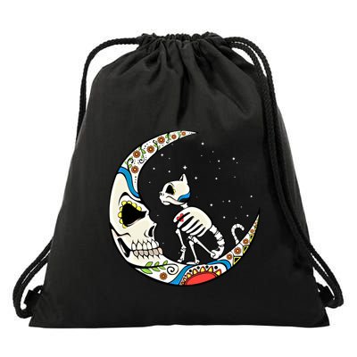 Halloween Sugar Skull Skeleton Half Moon Cat Mom Dad October Gift Drawstring Bag