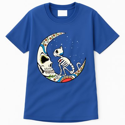 Halloween Sugar Skull Skeleton Half Moon Cat Mom Dad October Gift Tall T-Shirt