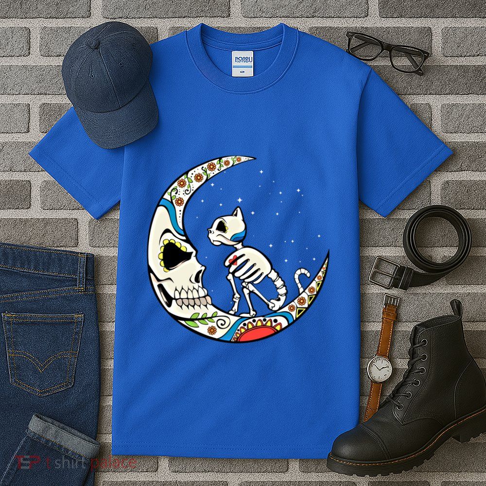 Halloween Sugar Skull Skeleton Half Moon Cat Mom Dad October Gift Tall T-Shirt