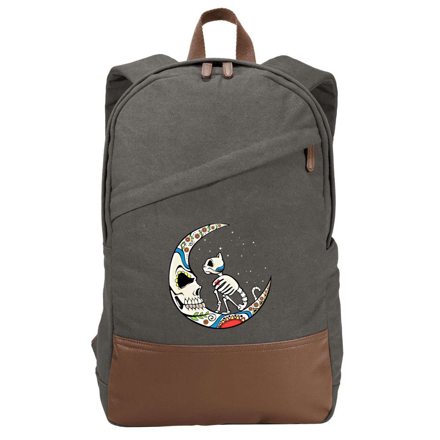 Halloween Sugar Skull Skeleton Half Moon Cat Mom Dad October Gift Cotton Canvas Backpack