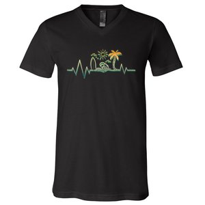 Heartbeat Surf Surfing Palm Trees Beach Island Summer Sunset V-Neck T-Shirt