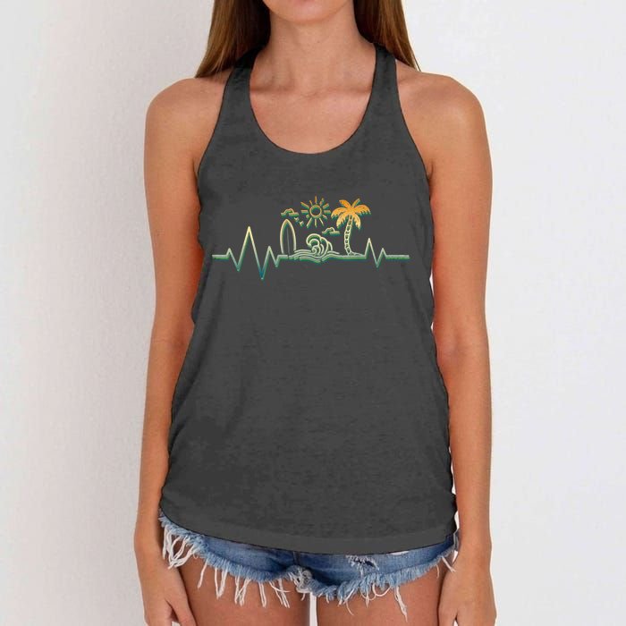 Heartbeat Surf Surfing Palm Trees Beach Island Summer Sunset Women's Knotted Racerback Tank