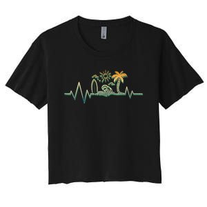 Heartbeat Surf Surfing Palm Trees Beach Island Summer Sunset Women's Crop Top Tee