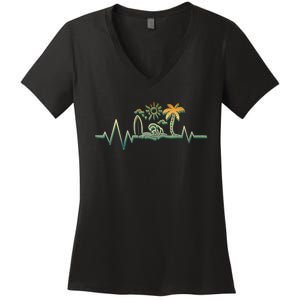 Heartbeat Surf Surfing Palm Trees Beach Island Summer Sunset Women's V-Neck T-Shirt