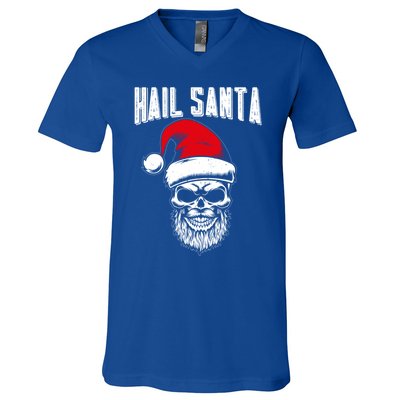 Hail Santa Skull Santa Hat Retro Heavy Metal Christmas Gift V-Neck T-Shirt