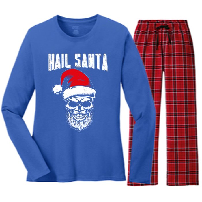 Hail Santa Skull Santa Hat Retro Heavy Metal Christmas Gift Women's Long Sleeve Flannel Pajama Set 