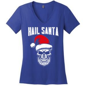 Hail Santa Skull Santa Hat Retro Heavy Metal Christmas Gift Women's V-Neck T-Shirt