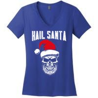 Hail Santa Skull Santa Hat Retro Heavy Metal Christmas Gift Women's V-Neck T-Shirt