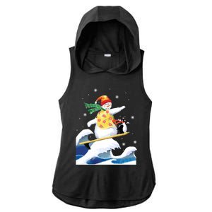 Happy Surfer Snowman Surfing Funny Christmas Xmas Long Sleeve Ladies PosiCharge Tri-Blend Wicking Draft Hoodie Tank