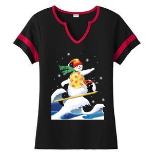 Happy Surfer Snowman Surfing Funny Christmas Xmas Long Sleeve Ladies Halftime Notch Neck Tee