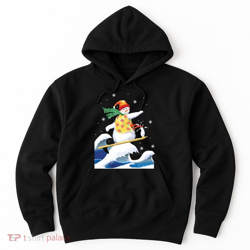 Happy Surfer Snowman Surfing Funny Christmas Xmas Long Sleeve Hoodie