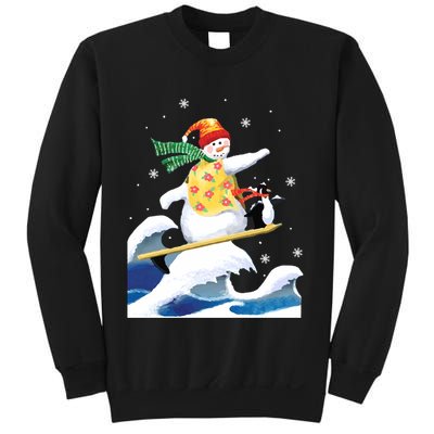 Happy Surfer Snowman Surfing Funny Christmas Xmas Long Sleeve Sweatshirt