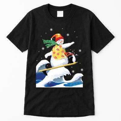 Happy Surfer Snowman Surfing Funny Christmas Xmas Long Sleeve Tall T-Shirt