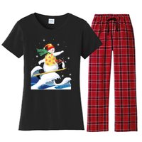 Happy Surfer Snowman Surfing Funny Christmas Xmas Long Sleeve Women's Flannel Pajama Set