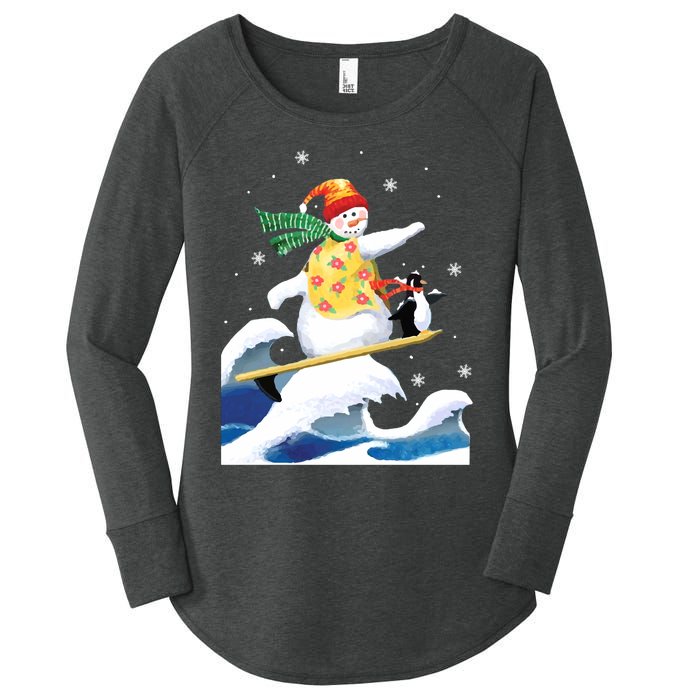 Happy Surfer Snowman Surfing Funny Christmas Xmas Long Sleeve Women's Perfect Tri Tunic Long Sleeve Shirt