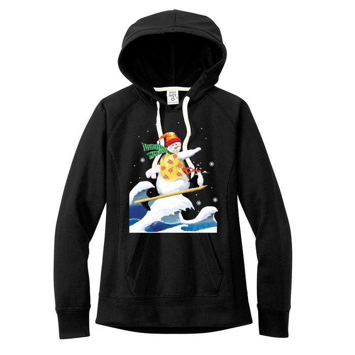 Happy Surfer Snowman Surfing Funny Christmas Xmas Long Sleeve Women's Fleece Hoodie