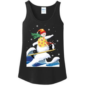 Happy Surfer Snowman Surfing Funny Christmas Xmas Long Sleeve Ladies Essential Tank