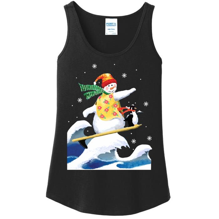 Happy Surfer Snowman Surfing Funny Christmas Xmas Long Sleeve Ladies Essential Tank