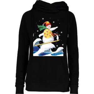 Happy Surfer Snowman Surfing Funny Christmas Xmas Long Sleeve Womens Funnel Neck Pullover Hood