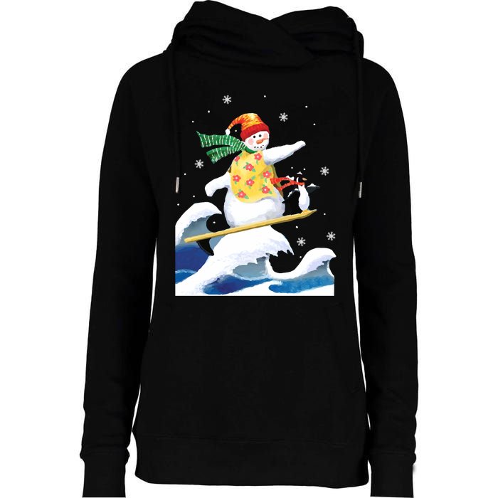 Happy Surfer Snowman Surfing Funny Christmas Xmas Long Sleeve Womens Funnel Neck Pullover Hood