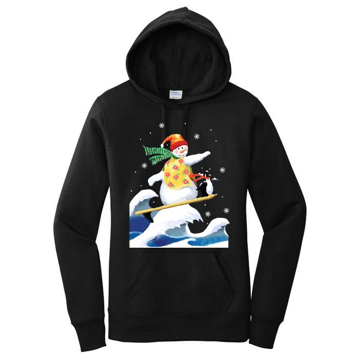 Happy Surfer Snowman Surfing Funny Christmas Xmas Long Sleeve Women's Pullover Hoodie