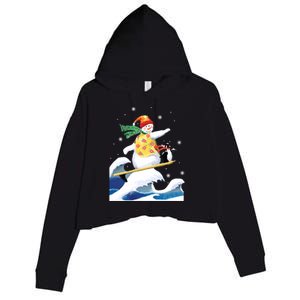 Happy Surfer Snowman Surfing Funny Christmas Xmas Long Sleeve Crop Fleece Hoodie