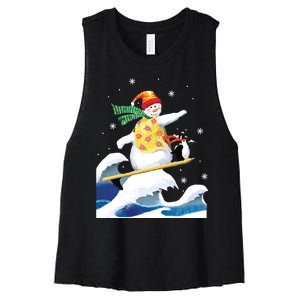 Happy Surfer Snowman Surfing Funny Christmas Xmas Long Sleeve Women's Racerback Cropped Tank