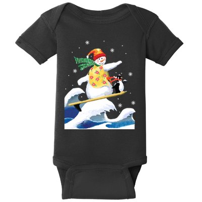 Happy Surfer Snowman Surfing Funny Christmas Xmas Long Sleeve Baby Bodysuit