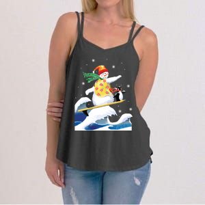 Happy Surfer Snowman Surfing Funny Christmas Xmas Long Sleeve Women's Strappy Tank