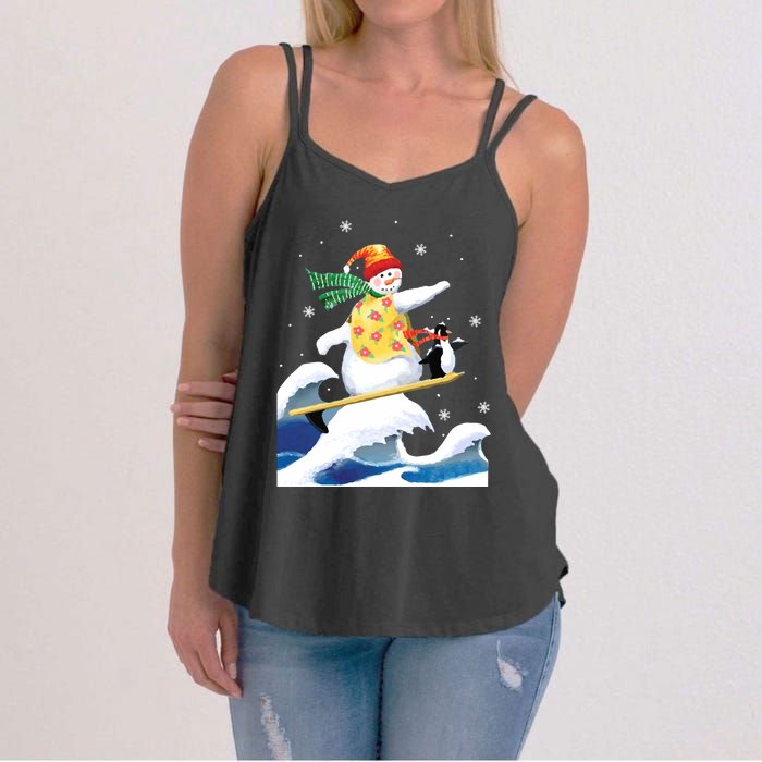 Happy Surfer Snowman Surfing Funny Christmas Xmas Long Sleeve Women's Strappy Tank