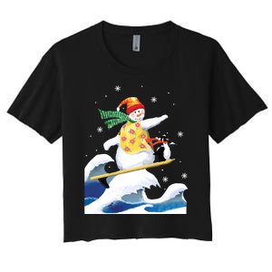 Happy Surfer Snowman Surfing Funny Christmas Xmas Long Sleeve Women's Crop Top Tee