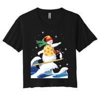 Happy Surfer Snowman Surfing Funny Christmas Xmas Long Sleeve Women's Crop Top Tee