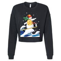 Happy Surfer Snowman Surfing Funny Christmas Xmas Long Sleeve Cropped Pullover Crew