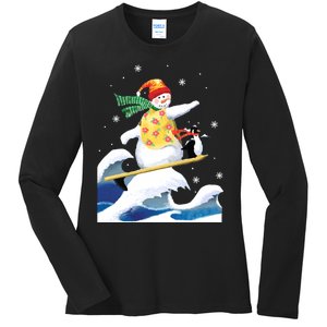 Happy Surfer Snowman Surfing Funny Christmas Xmas Long Sleeve Ladies Long Sleeve Shirt