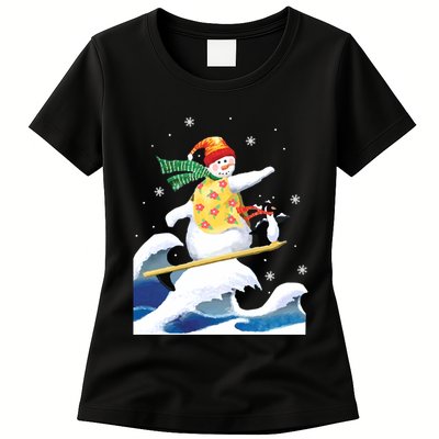 Happy Surfer Snowman Surfing Funny Christmas Xmas Long Sleeve Womens T-Shirt