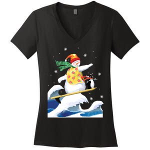 Happy Surfer Snowman Surfing Funny Christmas Xmas Long Sleeve Women's V-Neck T-Shirt