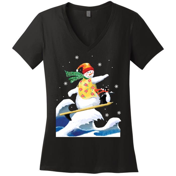 Happy Surfer Snowman Surfing Funny Christmas Xmas Long Sleeve Women's V-Neck T-Shirt