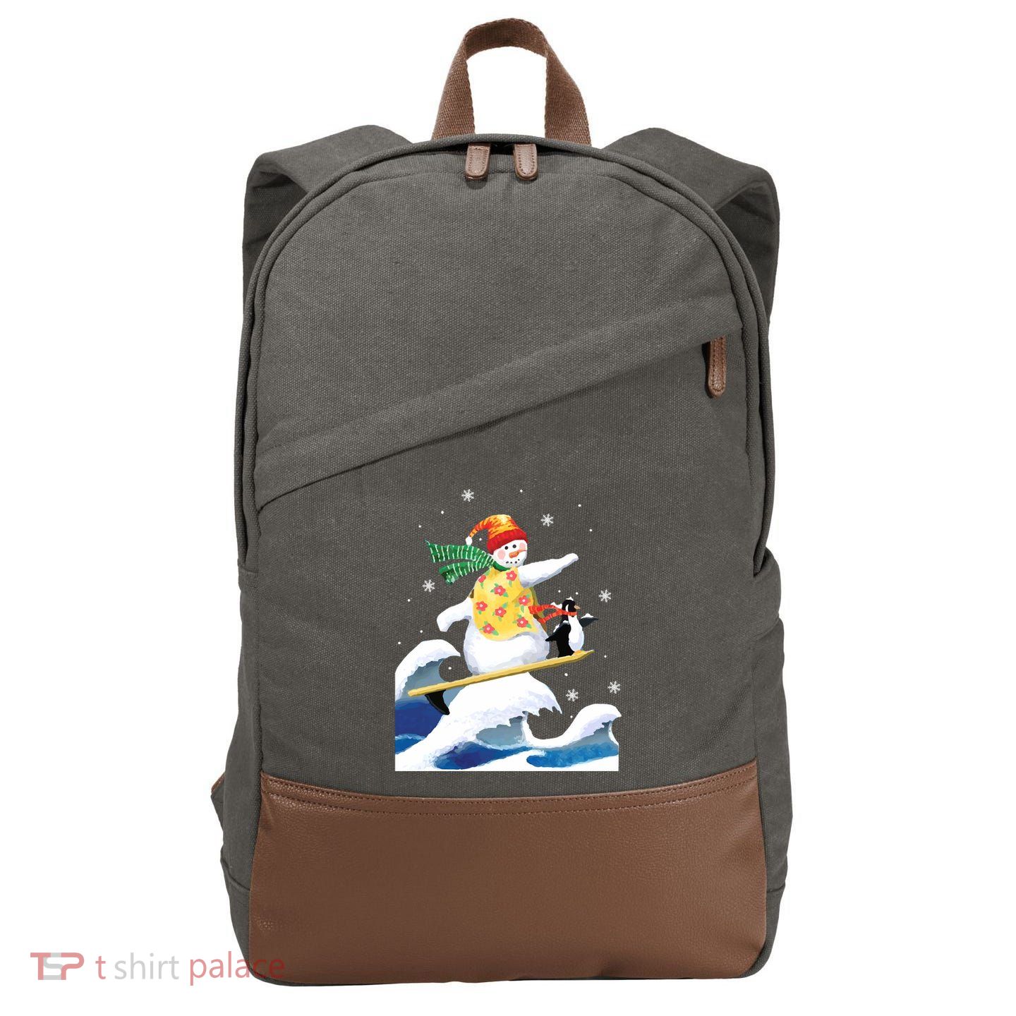 Happy Surfer Snowman Surfing Funny Christmas Xmas Long Sleeve Cotton Canvas Backpack