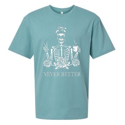 Halloween Skeleton Skull Drinking Coffee Never Better Sueded Cloud Jersey T-Shirt