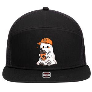 Halloween Spooky Season Cute Little Ghost Drinking Coffee Gift 7 Panel Mesh Trucker Snapback Hat