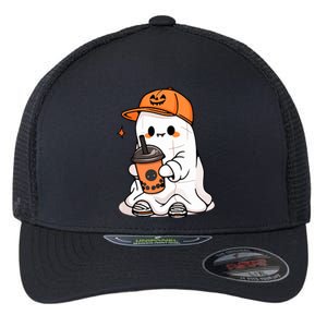 Halloween Spooky Season Cute Little Ghost Drinking Coffee Gift Flexfit Unipanel Trucker Cap